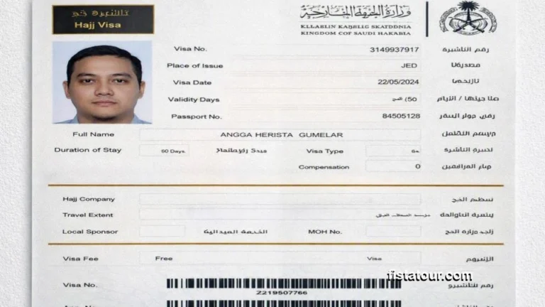 Contoh visa haji resmi yang diterbitkan oleh pemerintah Arab Saudi.